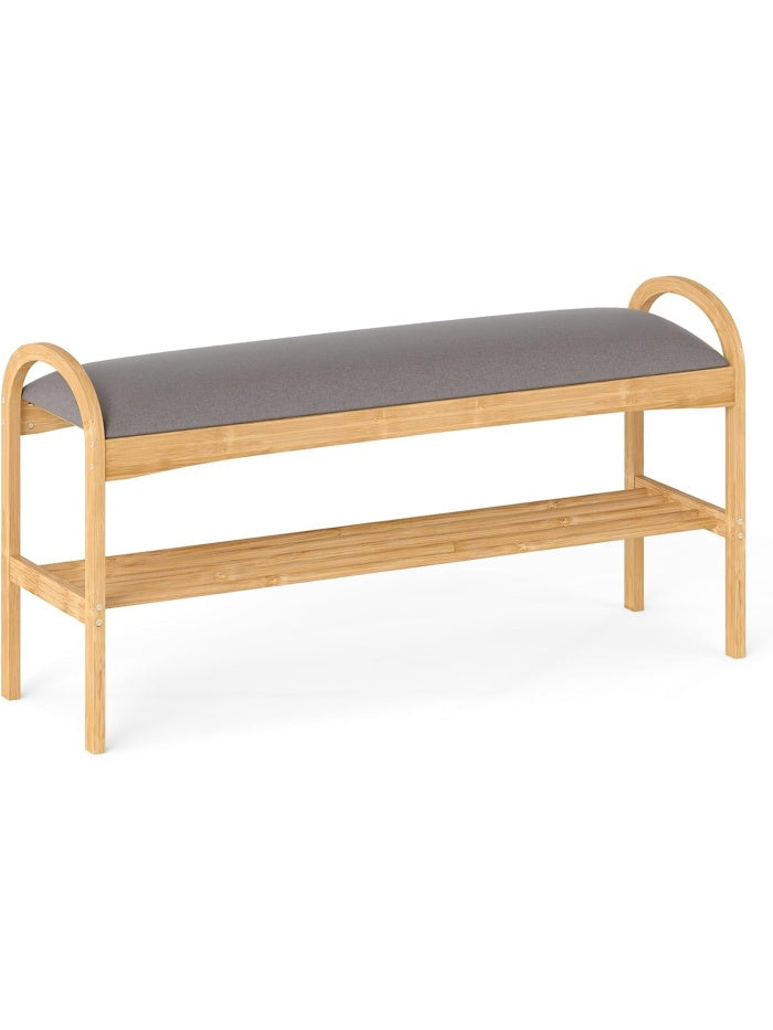 Bambusowa lawka na buty z poduszka do siedzenia, waski regal na obuwie, nosnosc 150 kg, do przedpokoju, salonu i sypialni, 100,5 x 31 x 51 cm