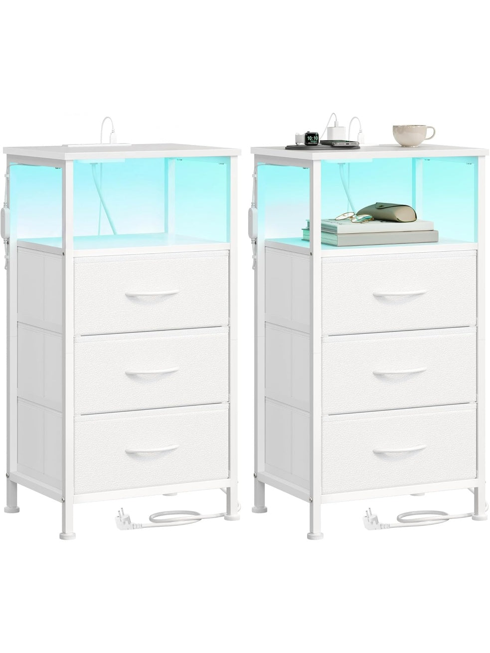 Zestaw 2 stolikow nocnych z ladowaniem i regulowanym swiatlem LED, sterowanie aplikacja, polka i 3 szuflady, kolor bialy