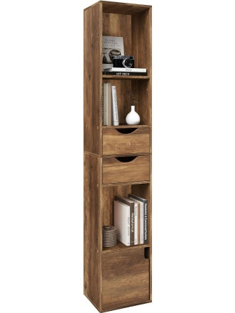 Regal kolumnowy z 5 otwartymi polkami, 2 szufladami i zamykana szafka, 30 24 158 cm, dekor brazowego debu