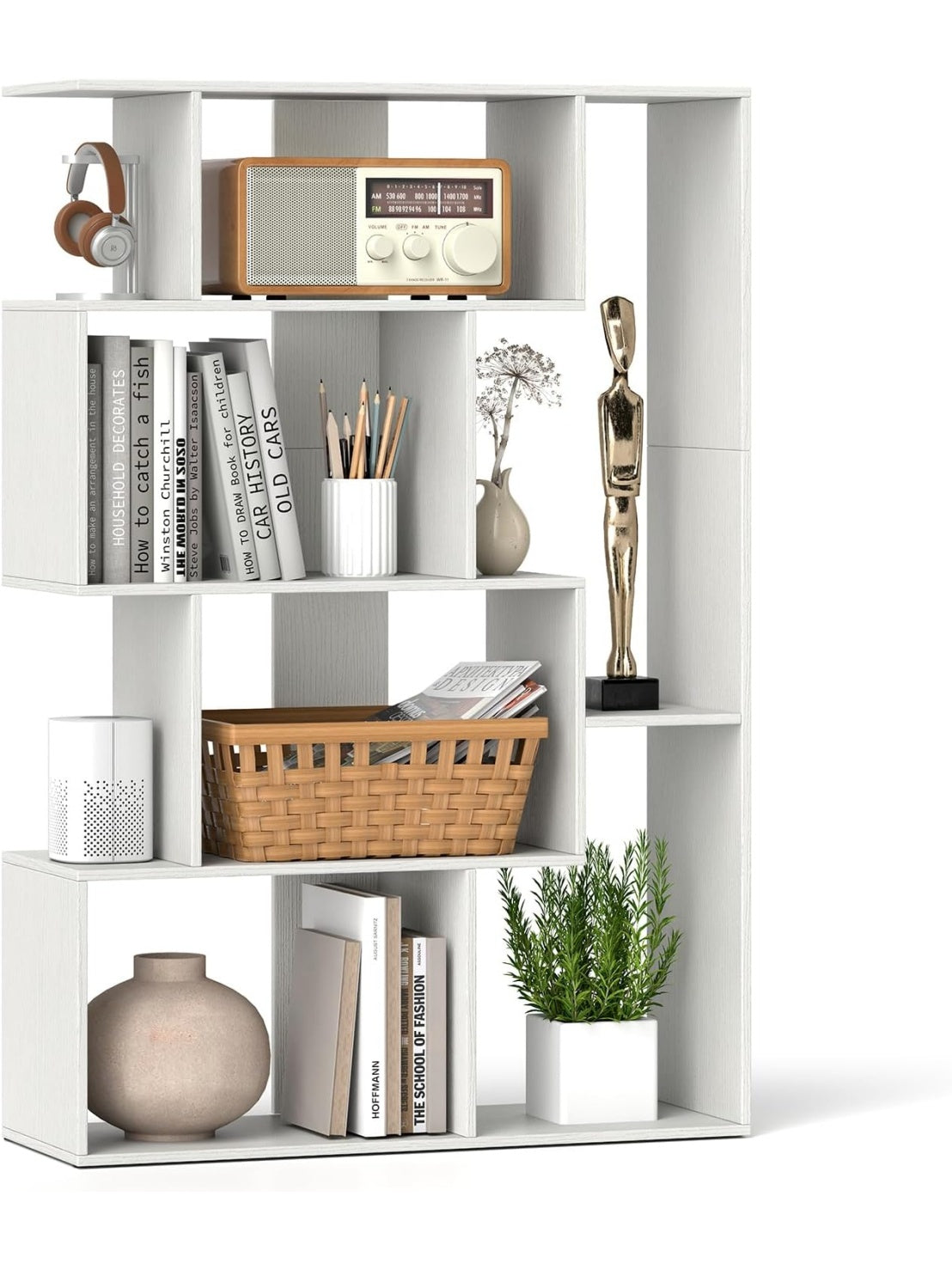Geometryczny regal z 6 kostkami, drewniana polka z zabezpieczeniem przed przewroceniem, organizer i scianka dzialowa, 80 x 30 x 119 cm, bialy
